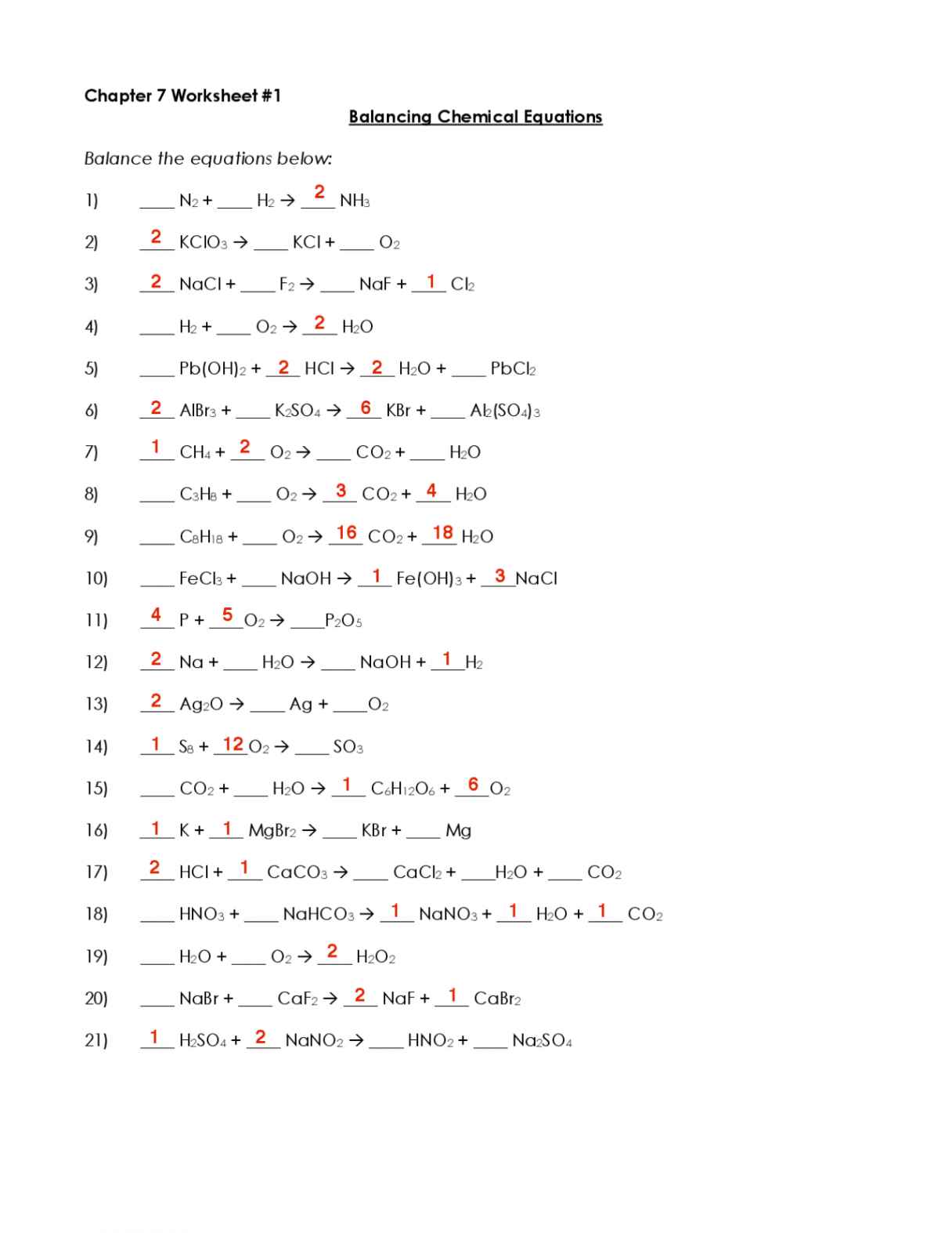 Balancing Chemical Equations  Exercises Chemistry  Docsity