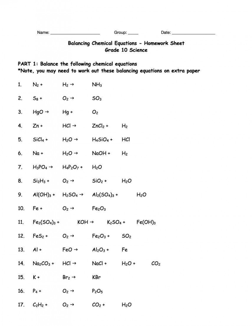 Balancing Chemical Equations Worksheet With Answers Grade  - A