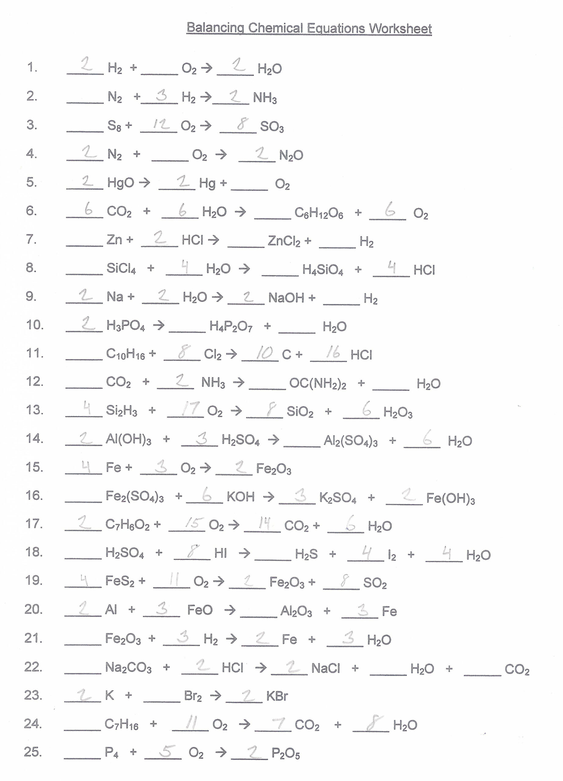 Balancing Chemical Equations Worksheets Key  Chemistry worksheets