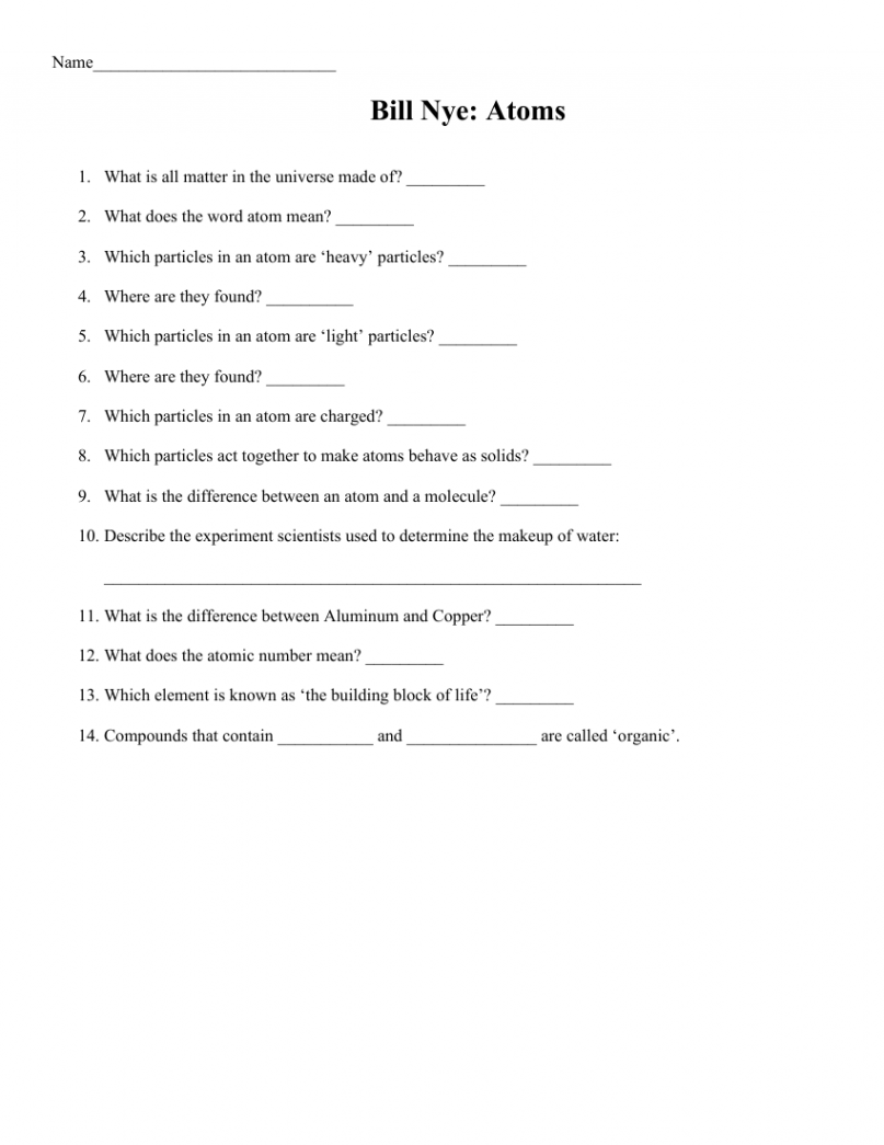 Bill Nye - Atoms Worksheet with Answers  Science th Grade