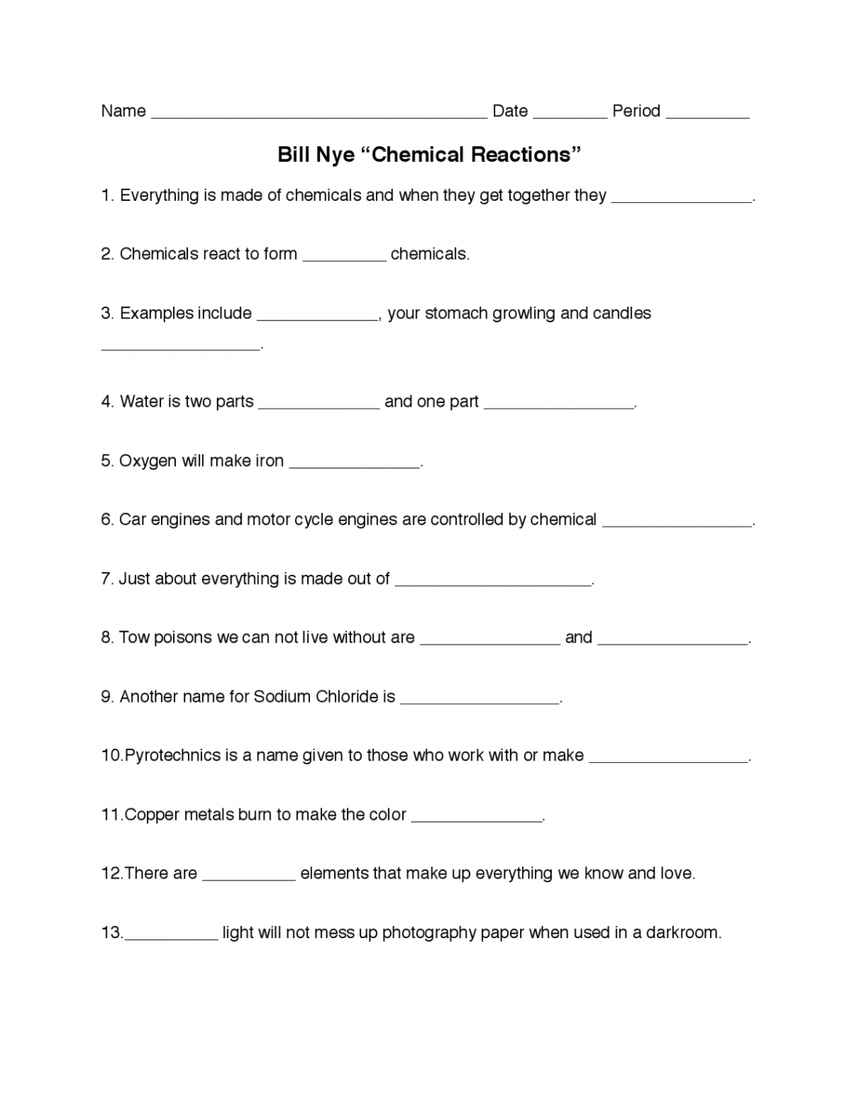 Bill Nye Chemical Reactions Worksheet  Lecture notes Photography