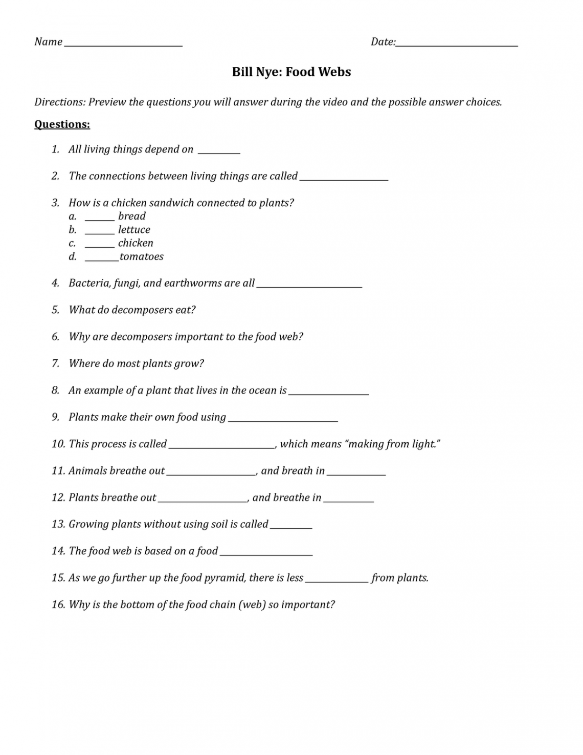 Bill Nye Food Webs Worksheet - Name Date: - Studocu