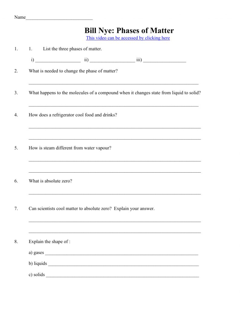 Bill Nye - Phases of Matter Worksheet  Pango