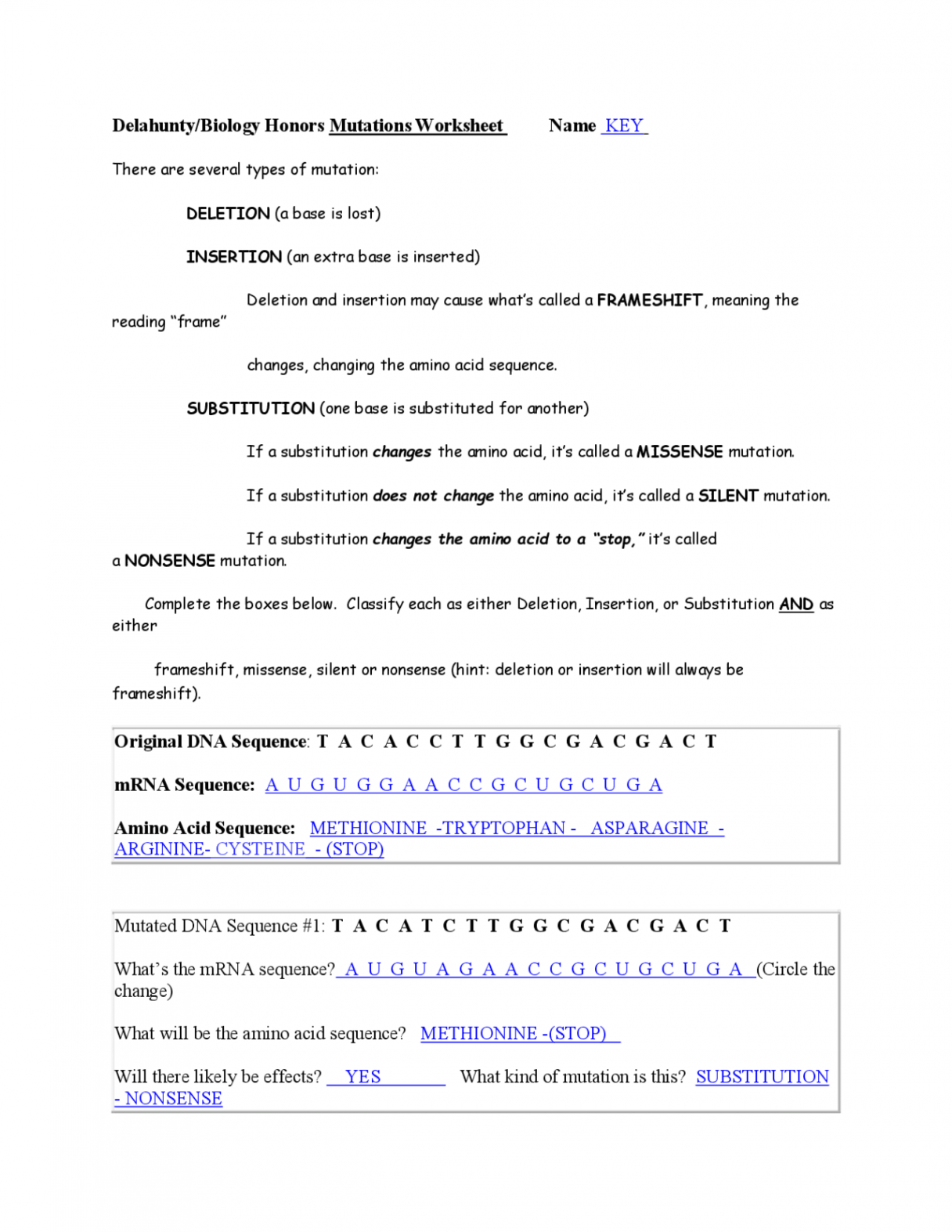 Biology Honors Mutations Worksheet Key  Exercises Biology  Docsity