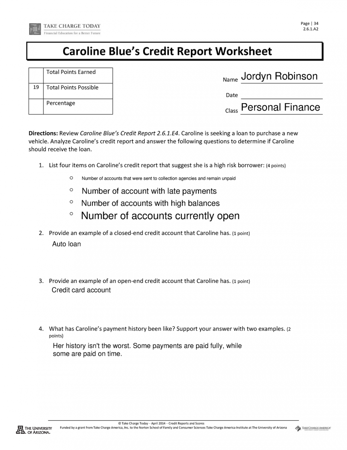 Caroline Blues Credit Report Worksheet . - Page   .