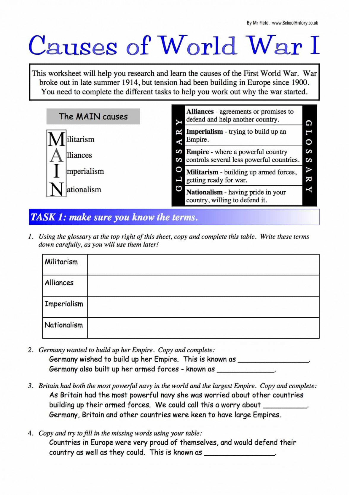 Causes of World War I (Lower Ability) Worksheet  GCSE Level