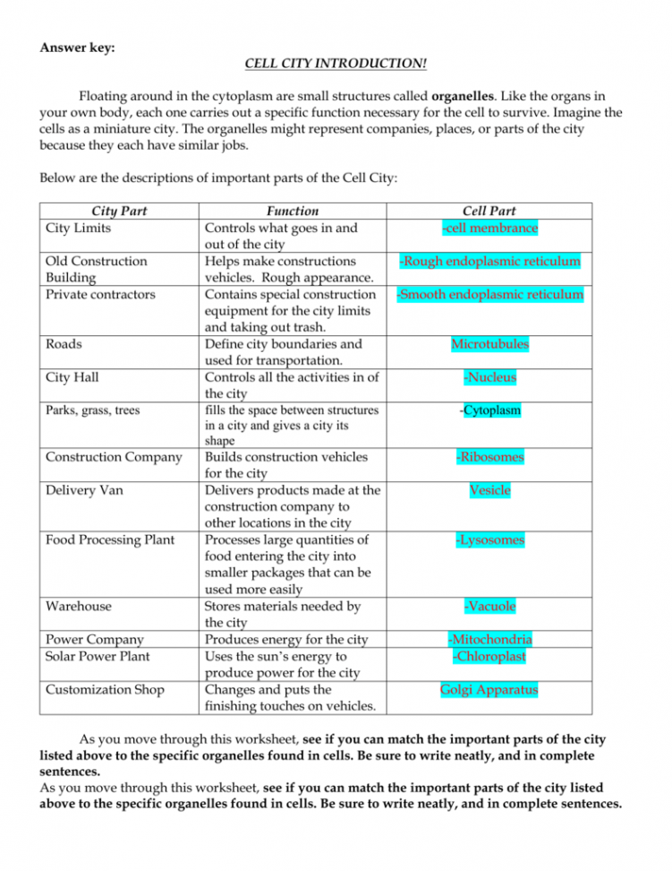 Cell City Analogy Worksheets Answer Key  Cell city, Cell analogy