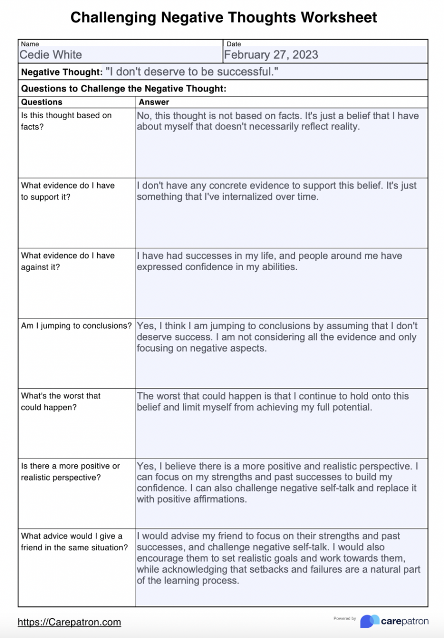 Challenging Negative Thoughts Worksheets & Example  Free PDF Download