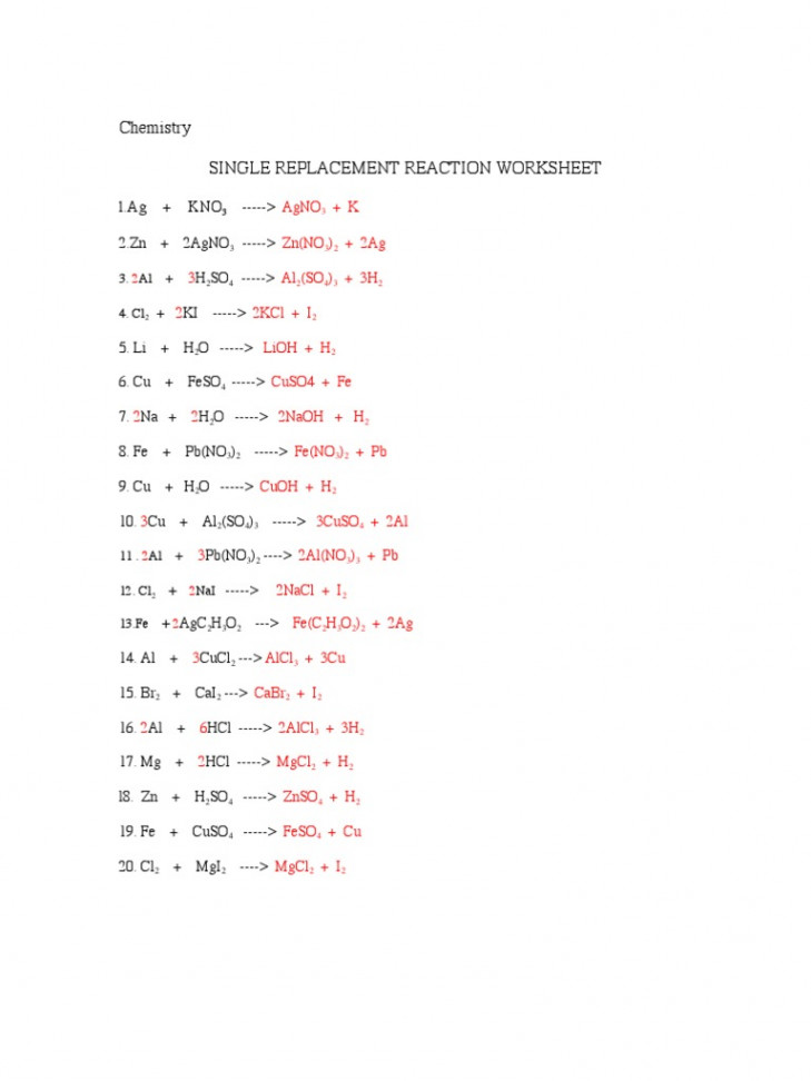 Chemistry Single Replacement Reaction Worksheet: L