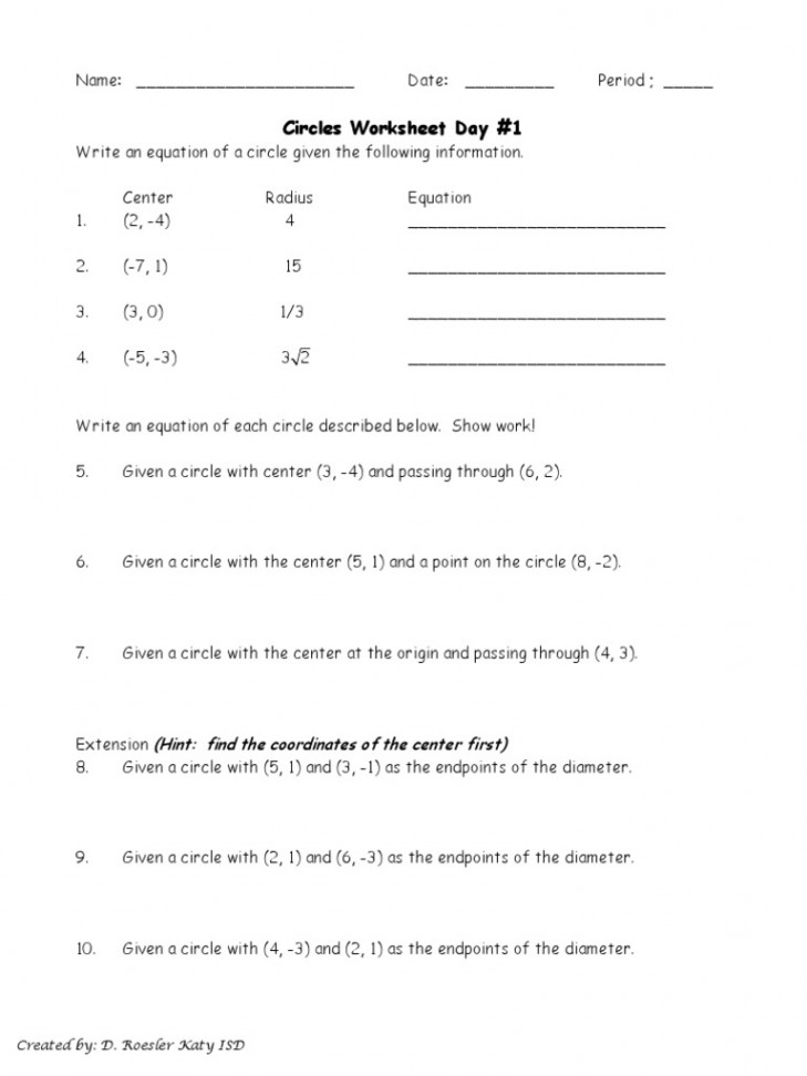 Circles Worksheet Day #: (Hint: Find The Coordinates of The