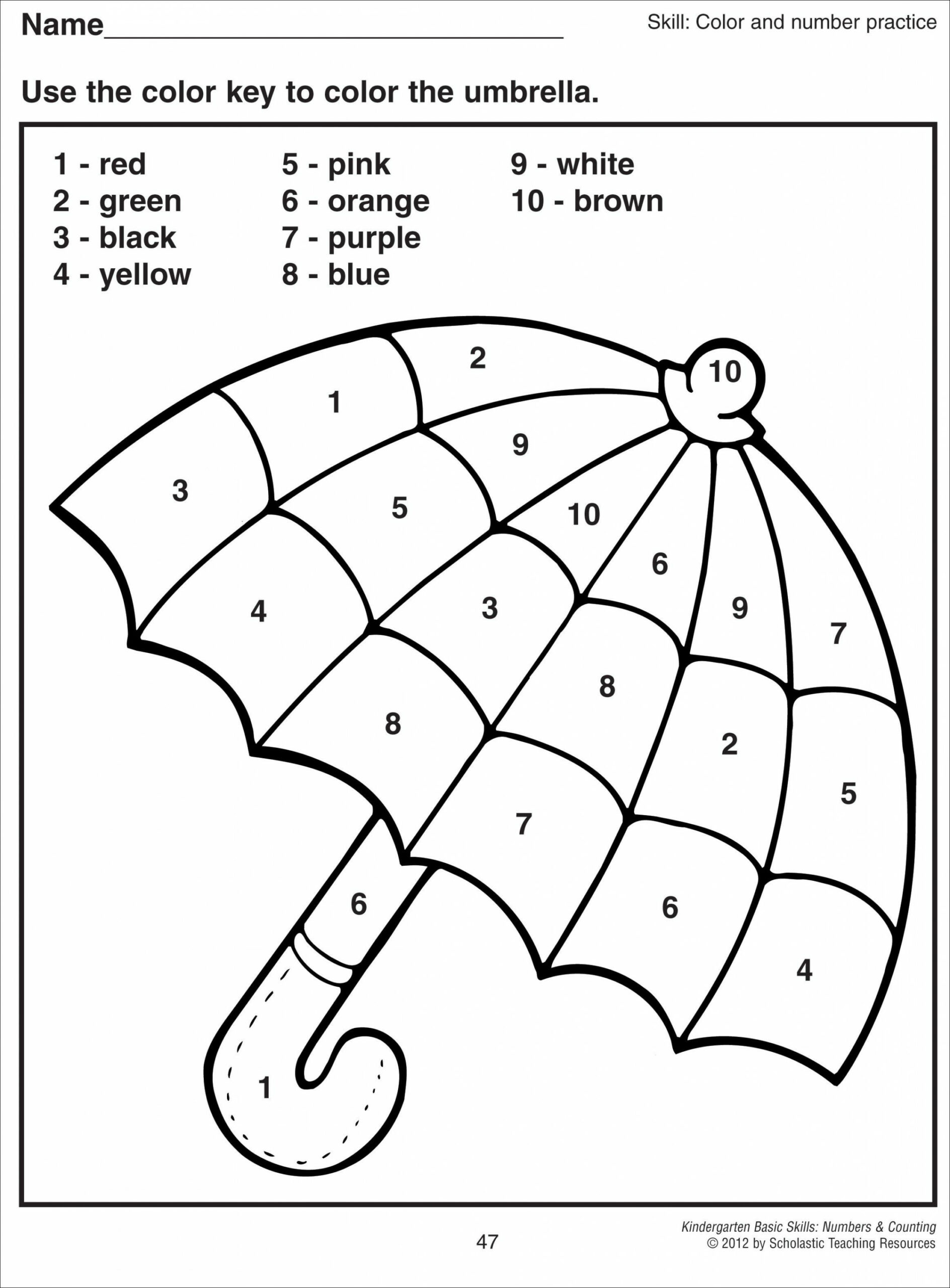 Color by numbers umbrella  Kindergarten worksheets printable