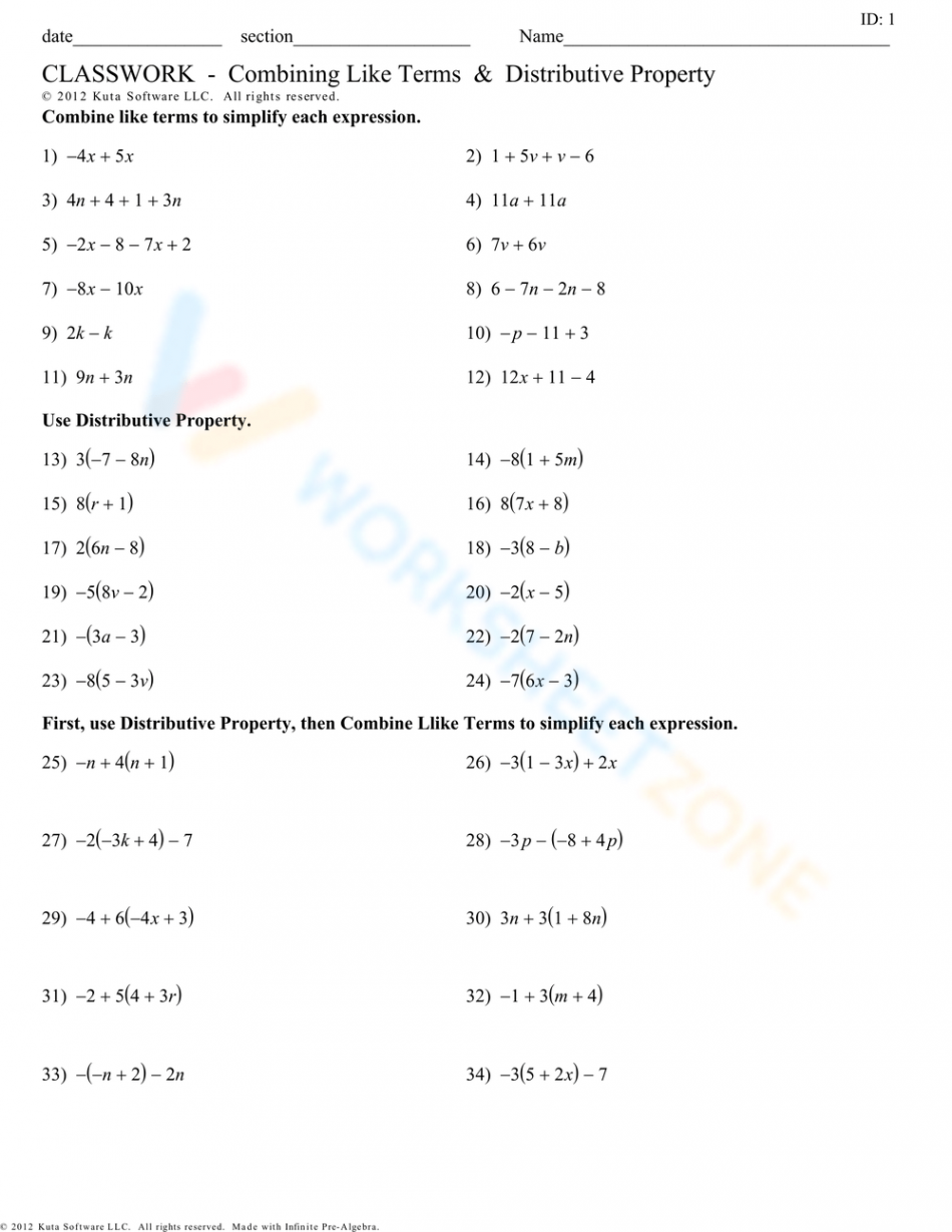 Combining Like Terms - Distributive Property Worksheet