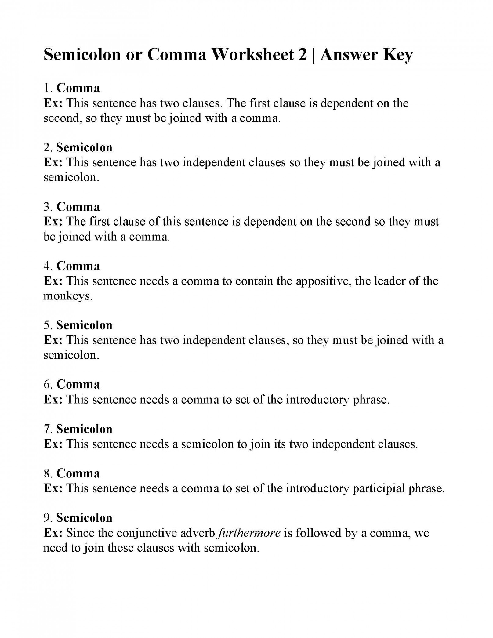 Commas or Semicolons Worksheet   Answers