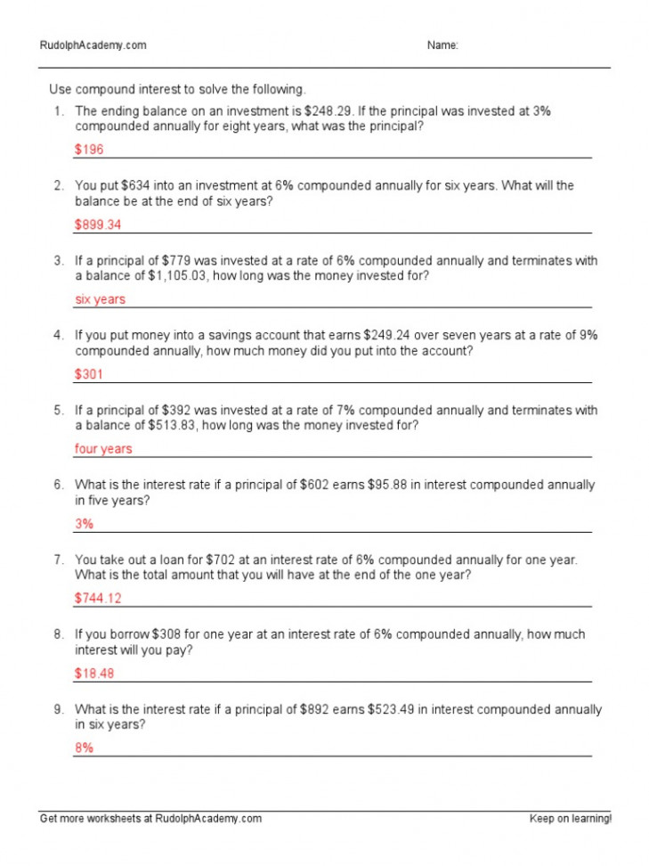 Compound Interest Worksheet A Answers  PDF