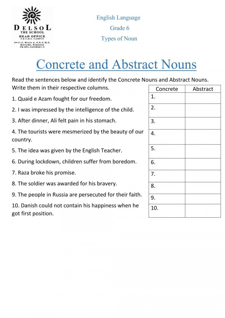 Concrete & Abstract Nouns worksheet  Concrete nouns, Nouns