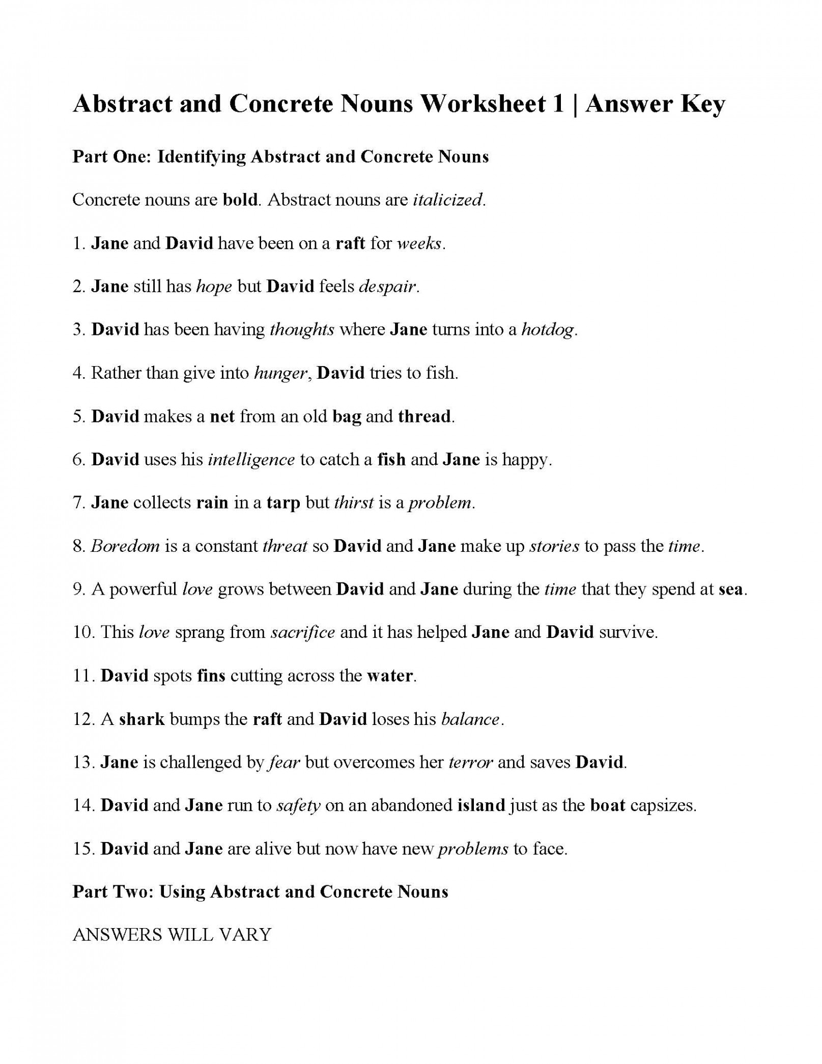 Concrete and Abstract Nouns Worksheet  Answers