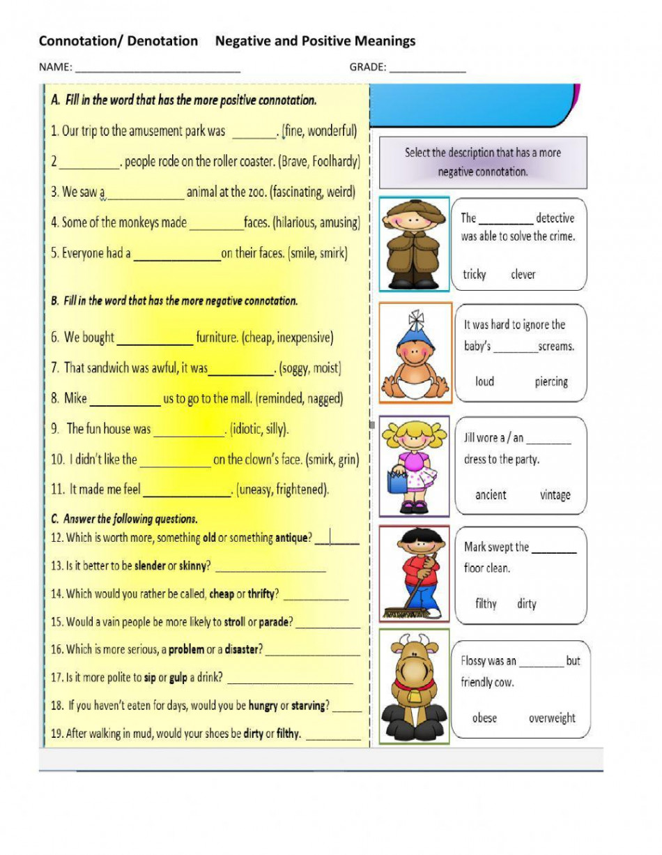 Connotations -denotations positive and negative meanings worksheet