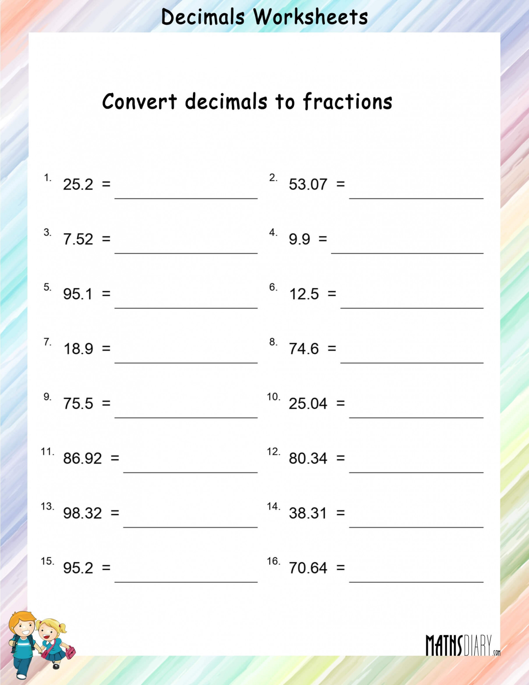 Convert Decimals to fractions worksheets - Math Worksheets