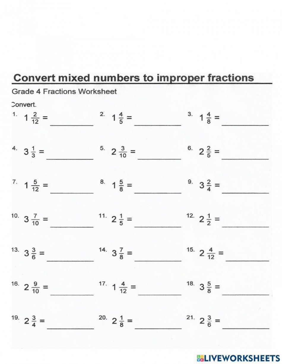 Convert mixed numbers to improper fractions  worksheet  Live