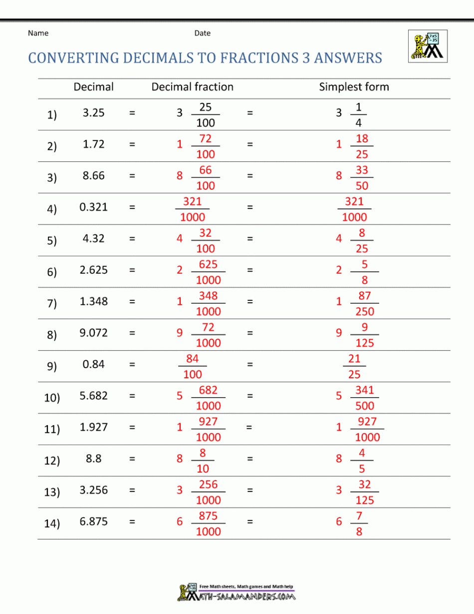 Converting Decimals to Fractions Worksheet