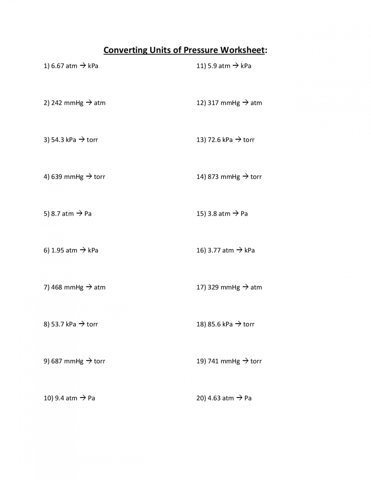 Converting Units of Pressure Worksheet:  Study notes Physics