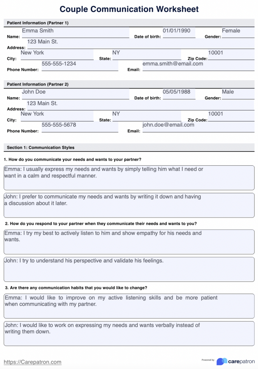 Couple Communication Worksheet & Example  Free PDF Download