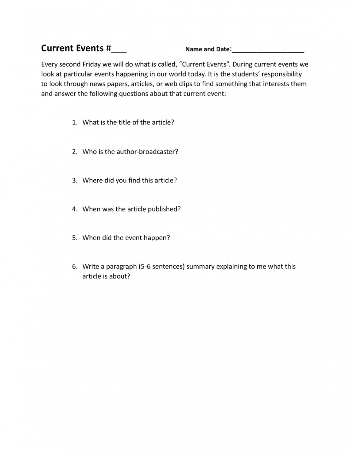 Current Events Worksheet - Current Events #___ Name and Date