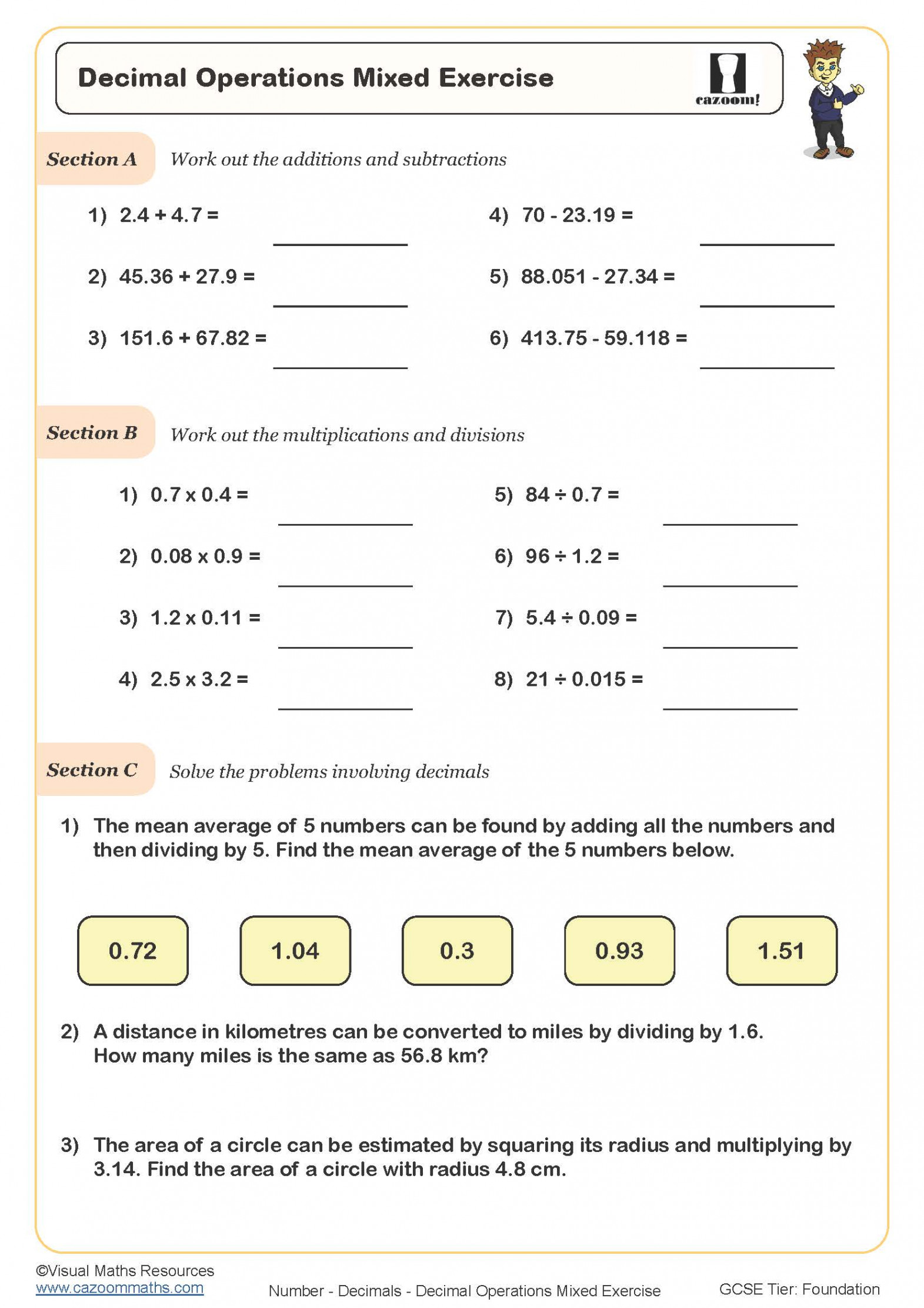 Decimal Operations Mixed Exercise Worksheet  Printable PDF