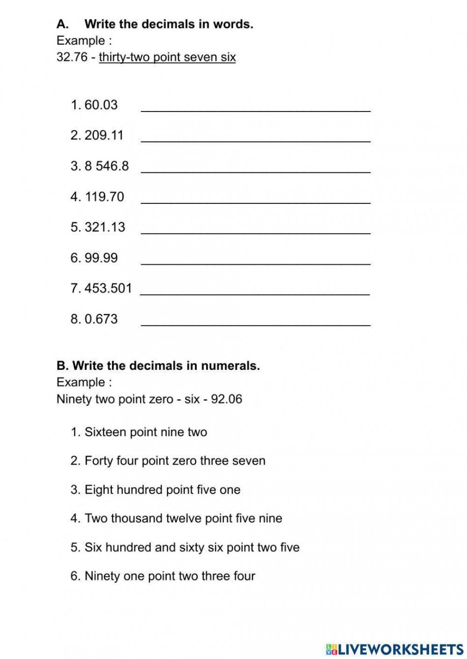 Decimals year  : WRITE DECIMALS IN WORDS AND NUMERALS worksheet