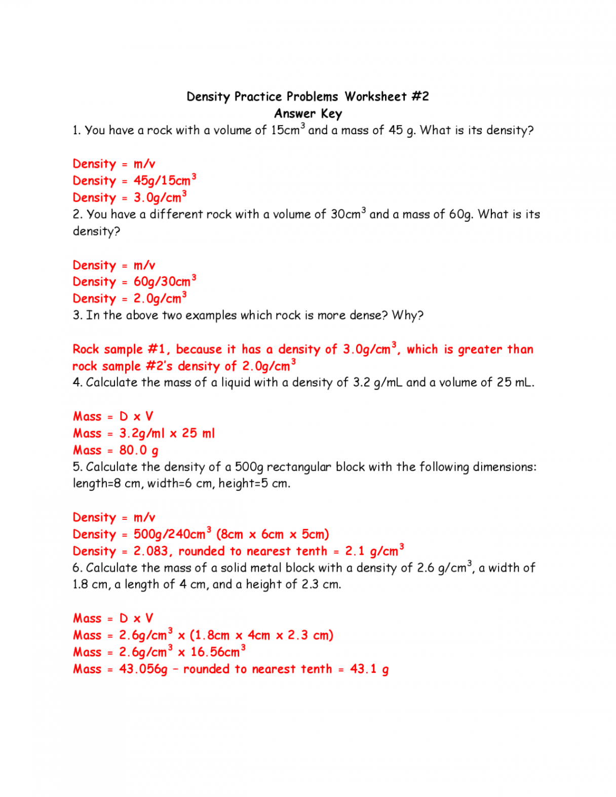 Density Practice Problems Worksheet # Answer Key  Study notes