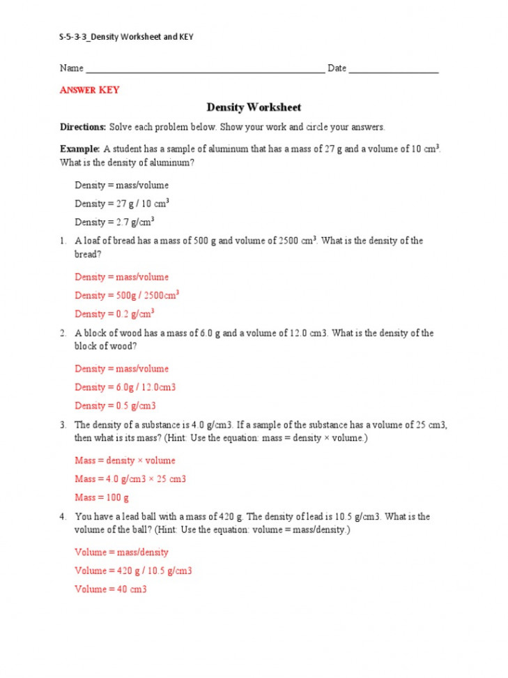 Density Practice Worksheet Answers  PDF