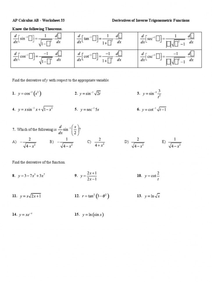 Derivatives of Inverse Trig Functions PDF  PDF