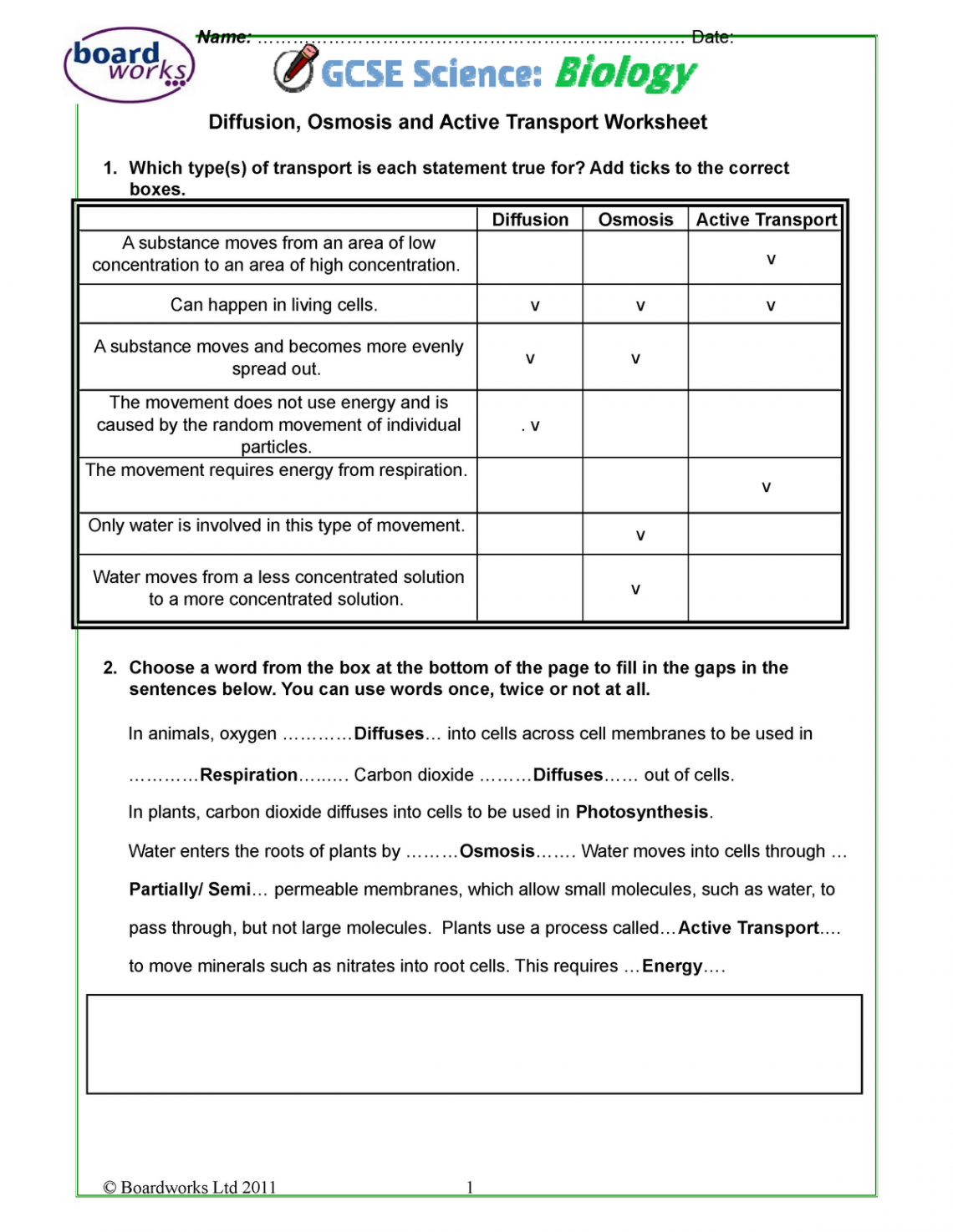 Diffusion Osmosis and Active Transport Worksheet F - Name