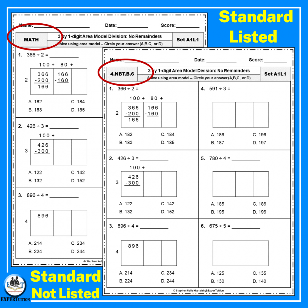 Digit by  Digit Area Model Division With and Without Remainders Practice  Worksheets