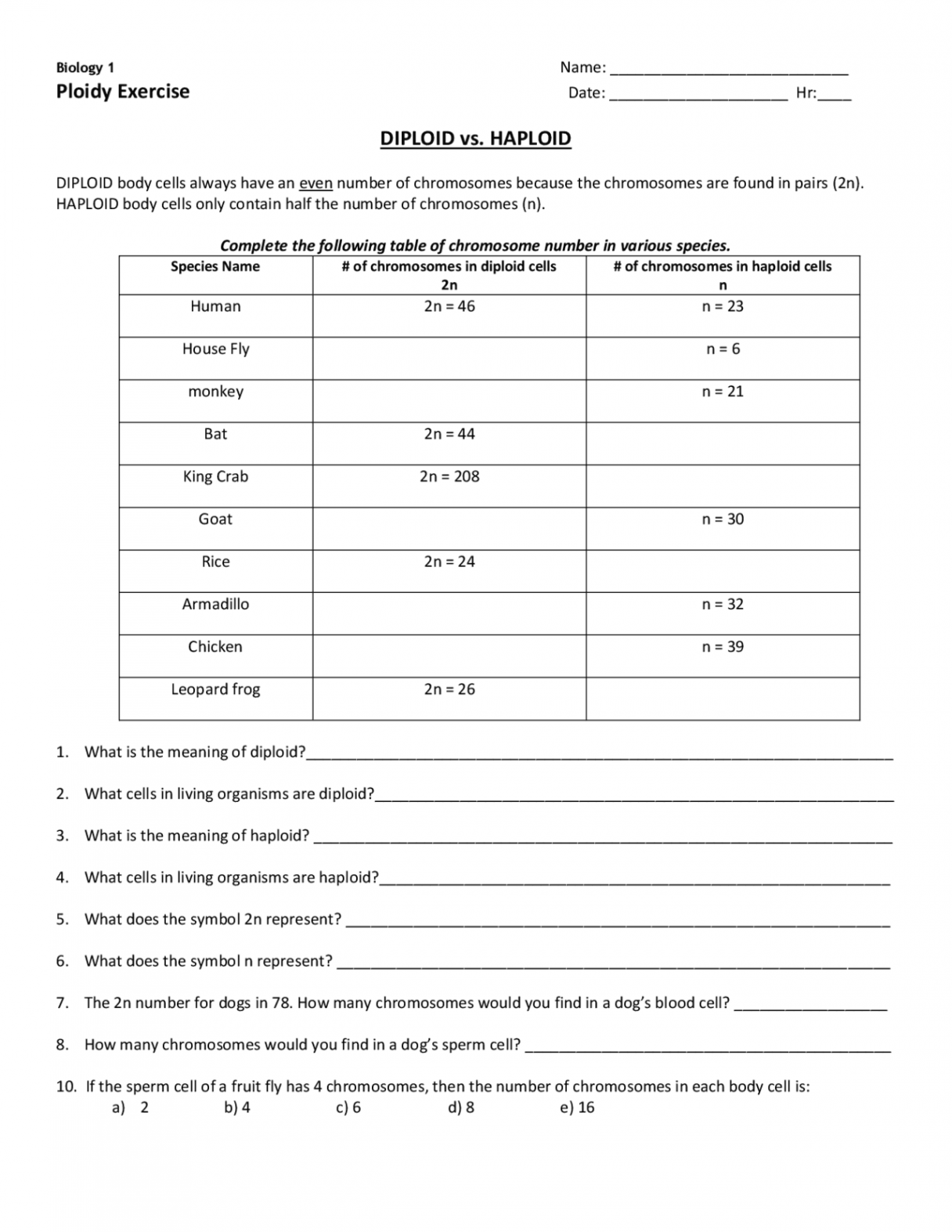 DIPLOID and HAPLOID WORKSHEET  Lecture notes Biology  Docsity