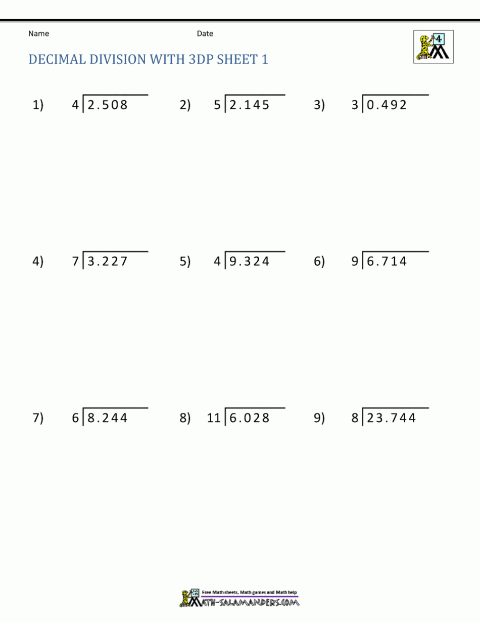 Division of Decimal Numbers Worksheets