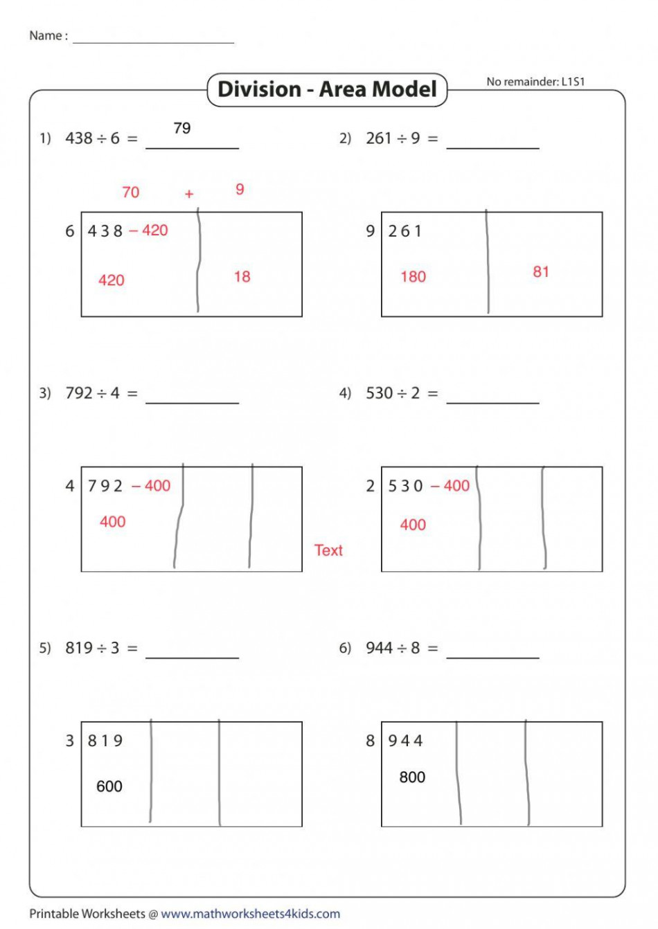 Division using area model worksheet  Live Worksheets