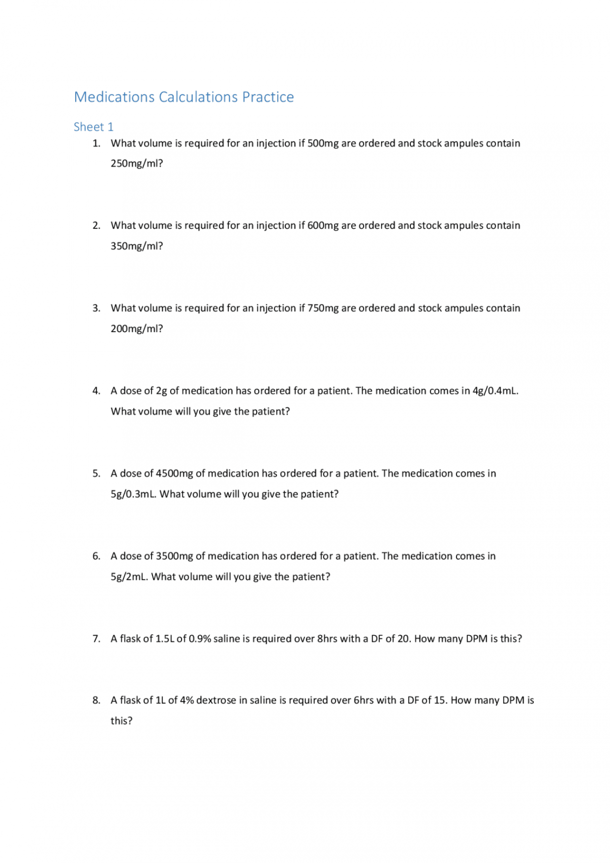 Dosage Calculation Practice Worksheets with Answers  Exercises