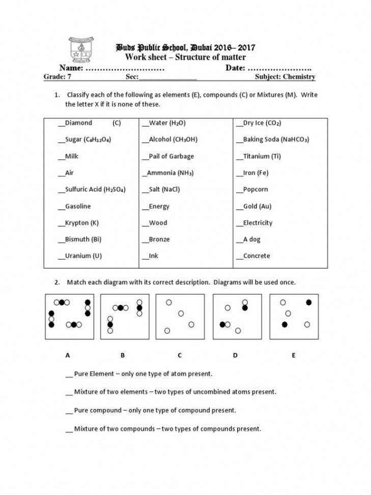 Elements-Compounds and Mixtures Worksheet  PDF