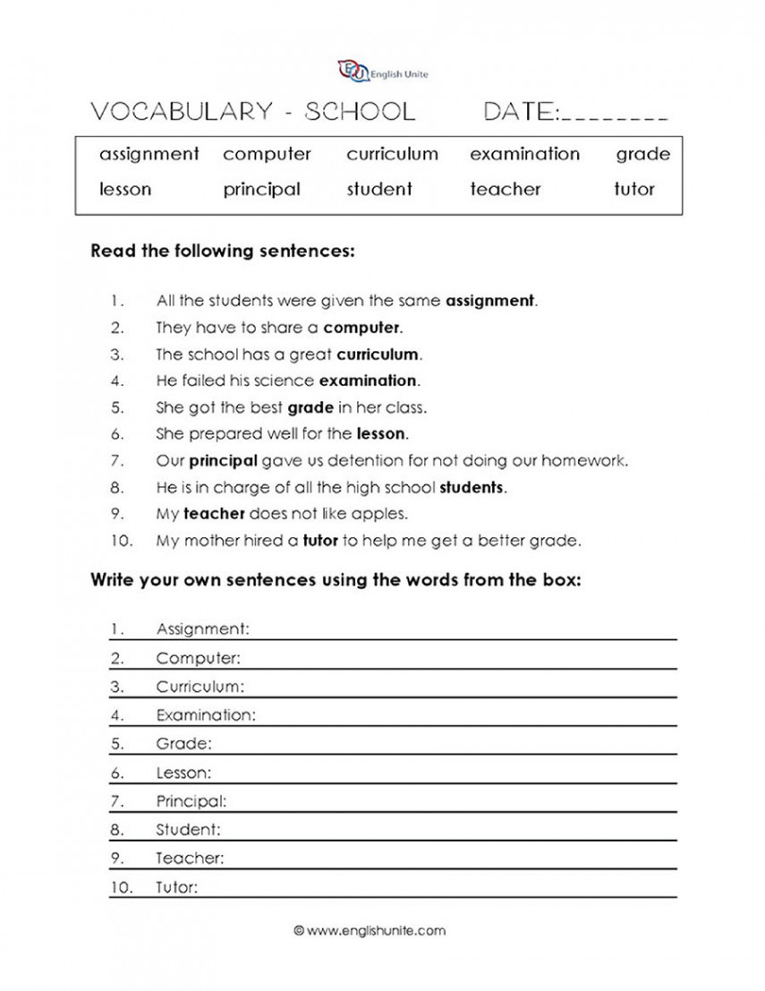 English Unite - School Vocabulary Worksheet