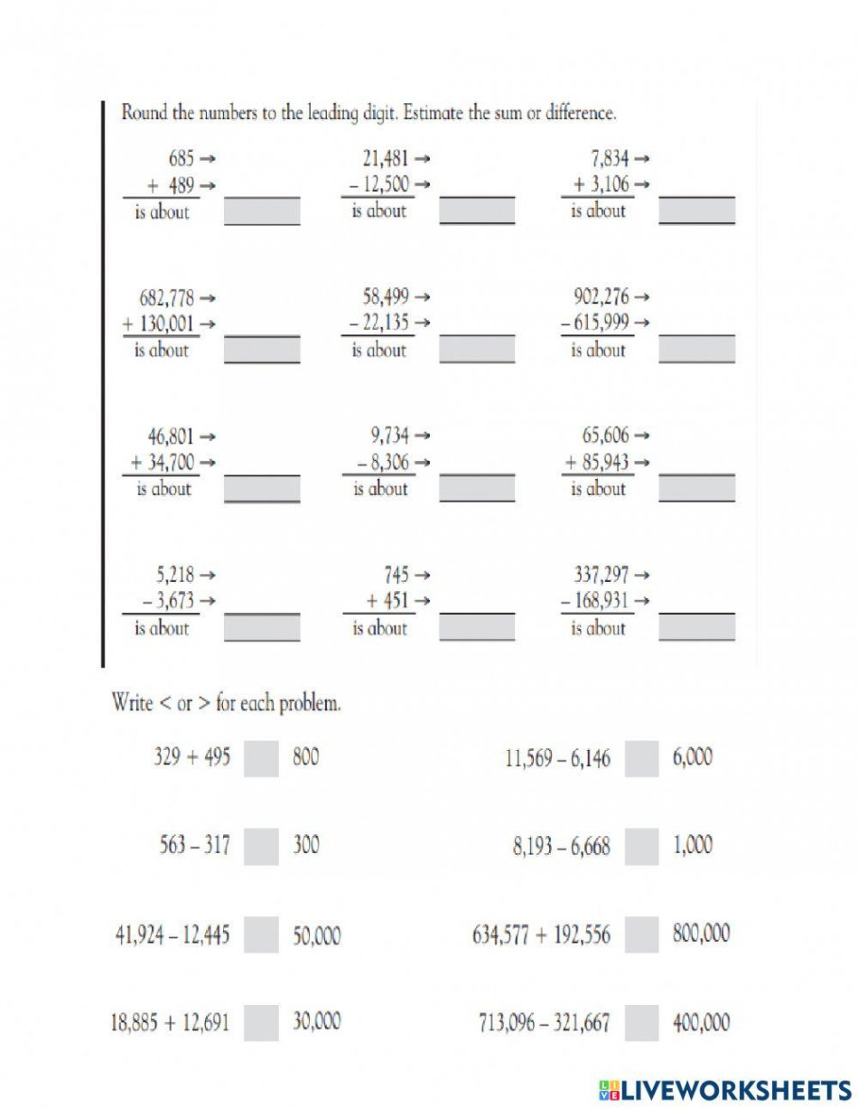 Estimating Sums and Differences  Live Worksheets