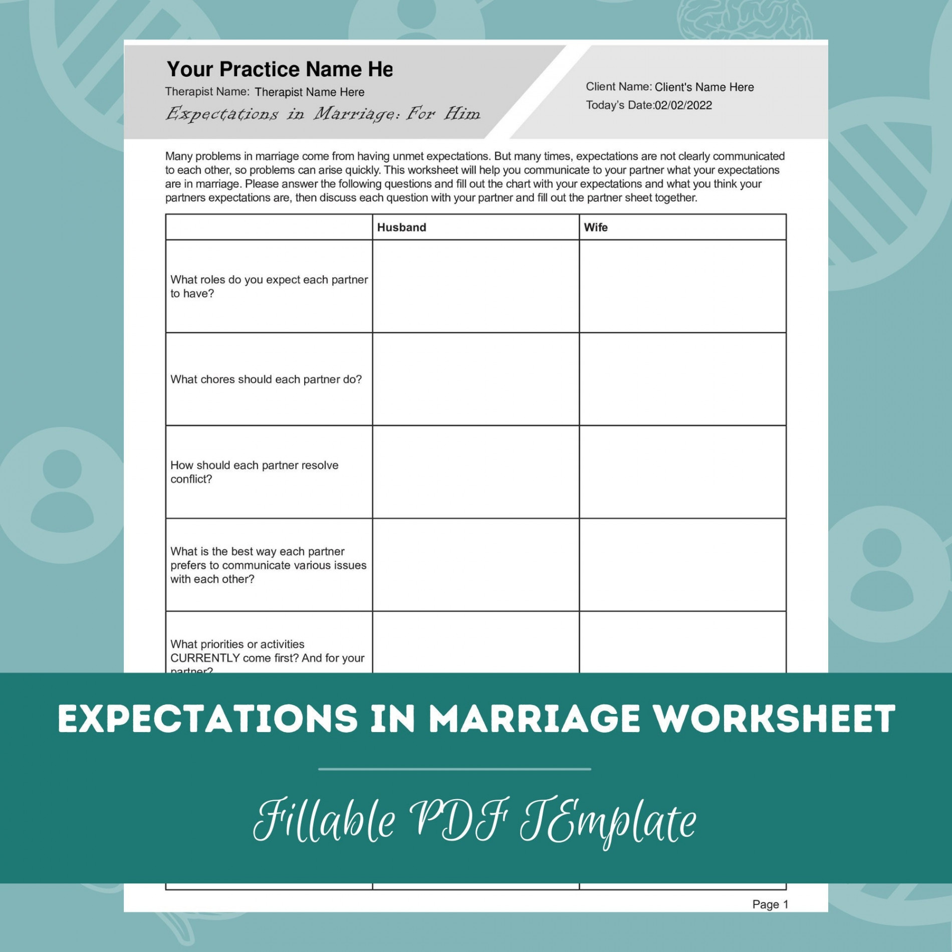 Expectations in Marriage Worksheet Editable / Fillable PDF - Etsy