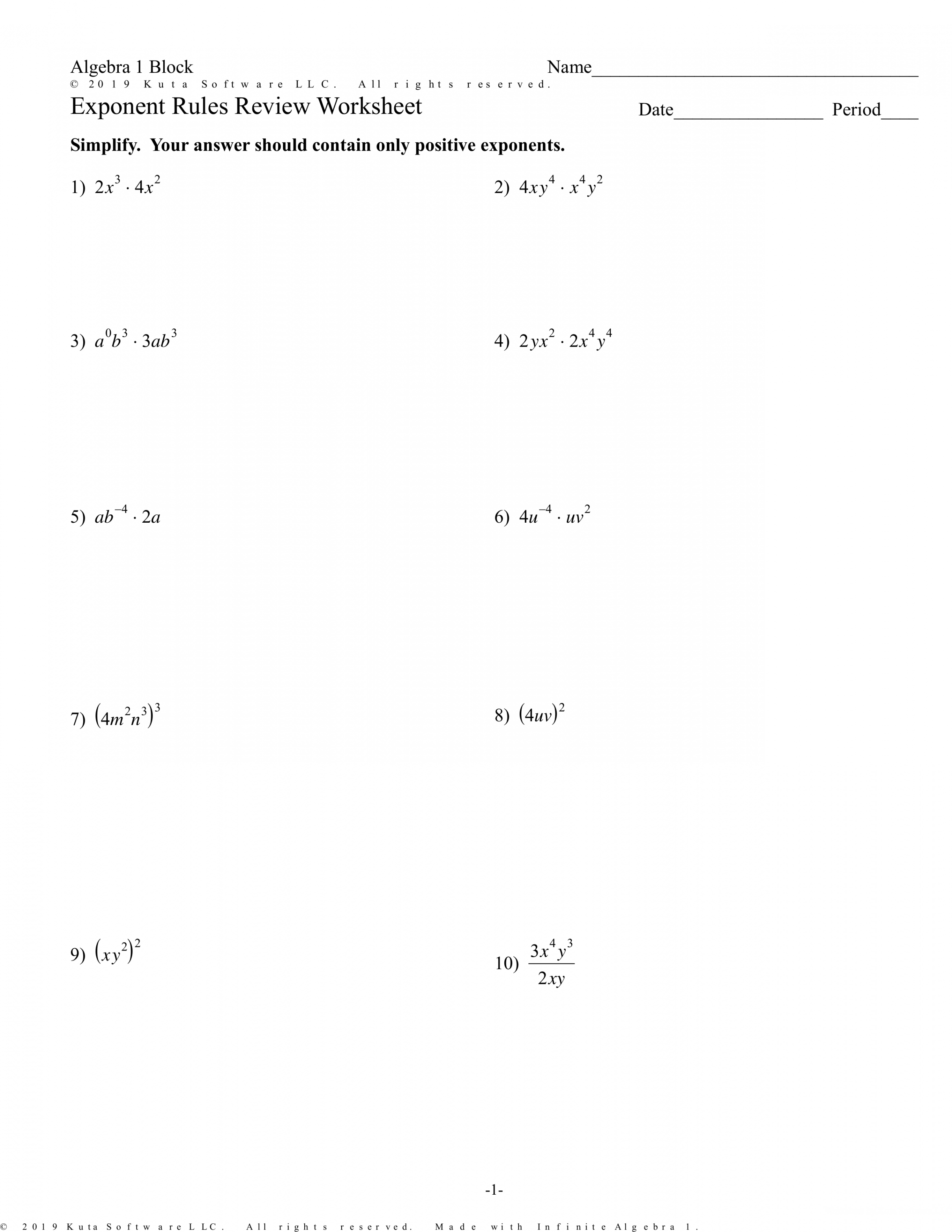 Exponent Rules Review Worksheet - Math Teachers  Library  Formative