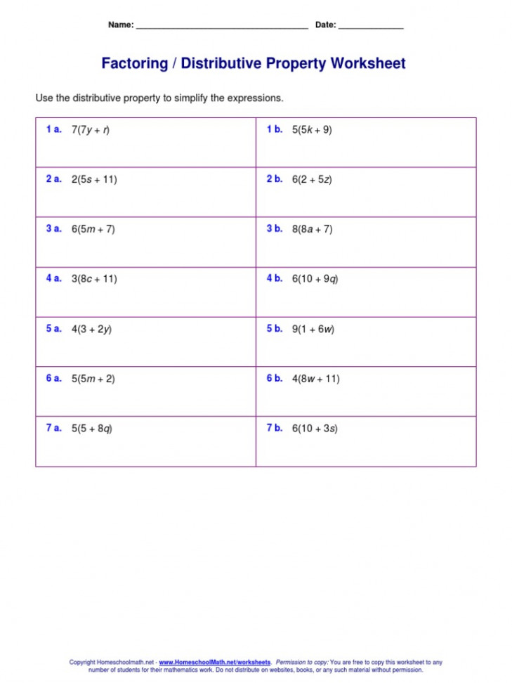 Factoring / Distributive Property Worksheet: Use The Distributive