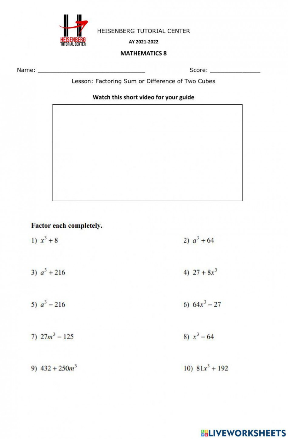 Factoring Sum or Difference of Two Cubes worksheet  Live Worksheets