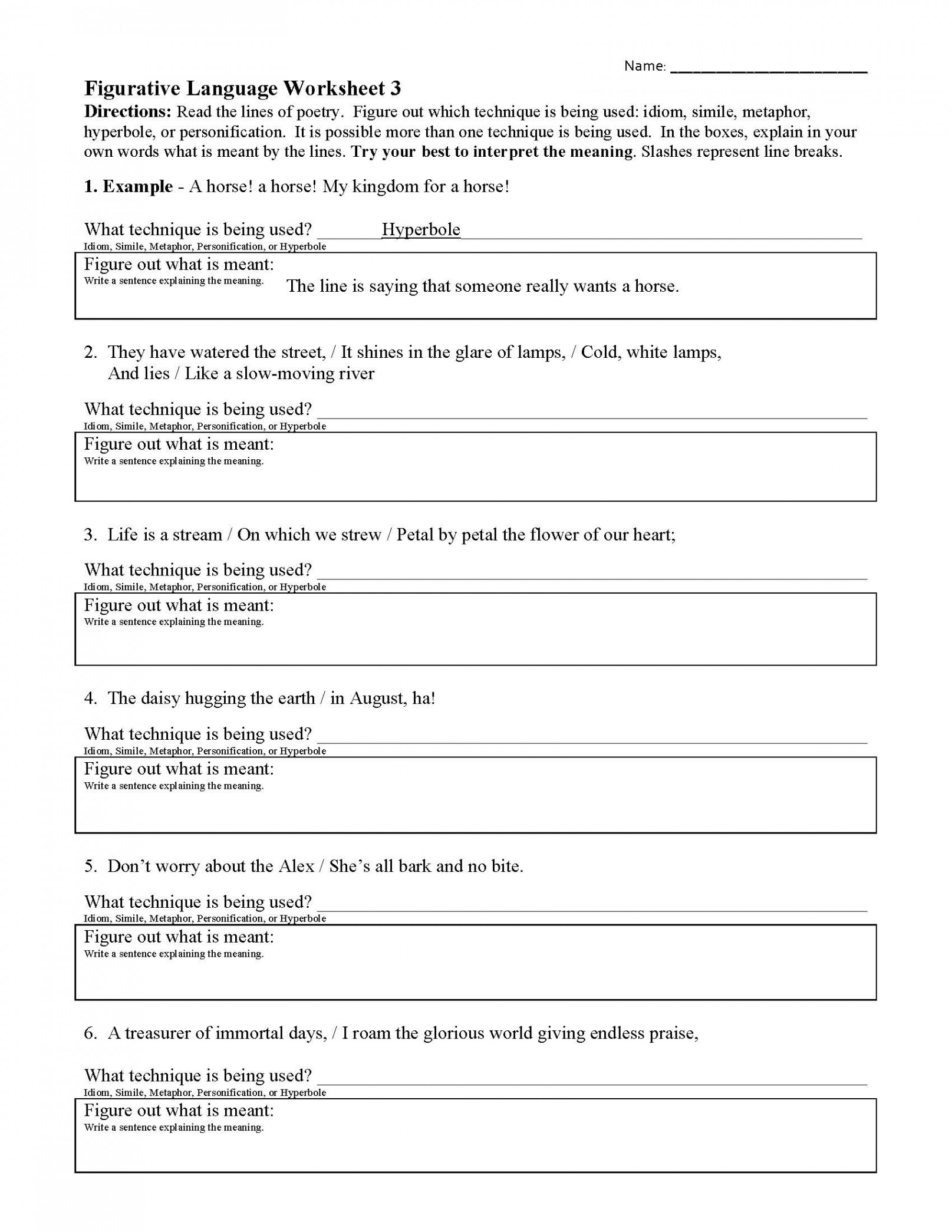 Figurative Language Worksheet   Reading Activity