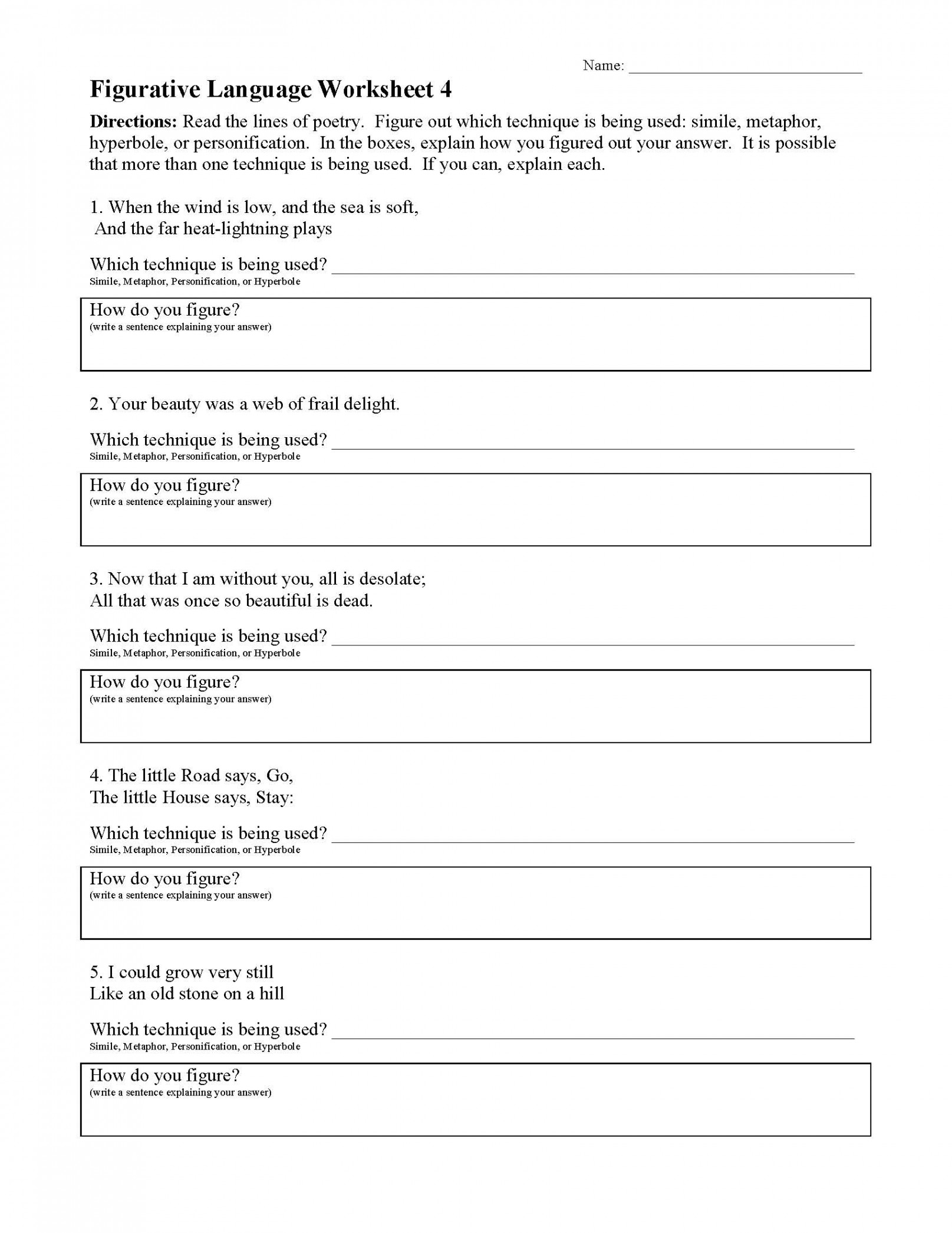 Figurative Language Worksheet   Reading Activity