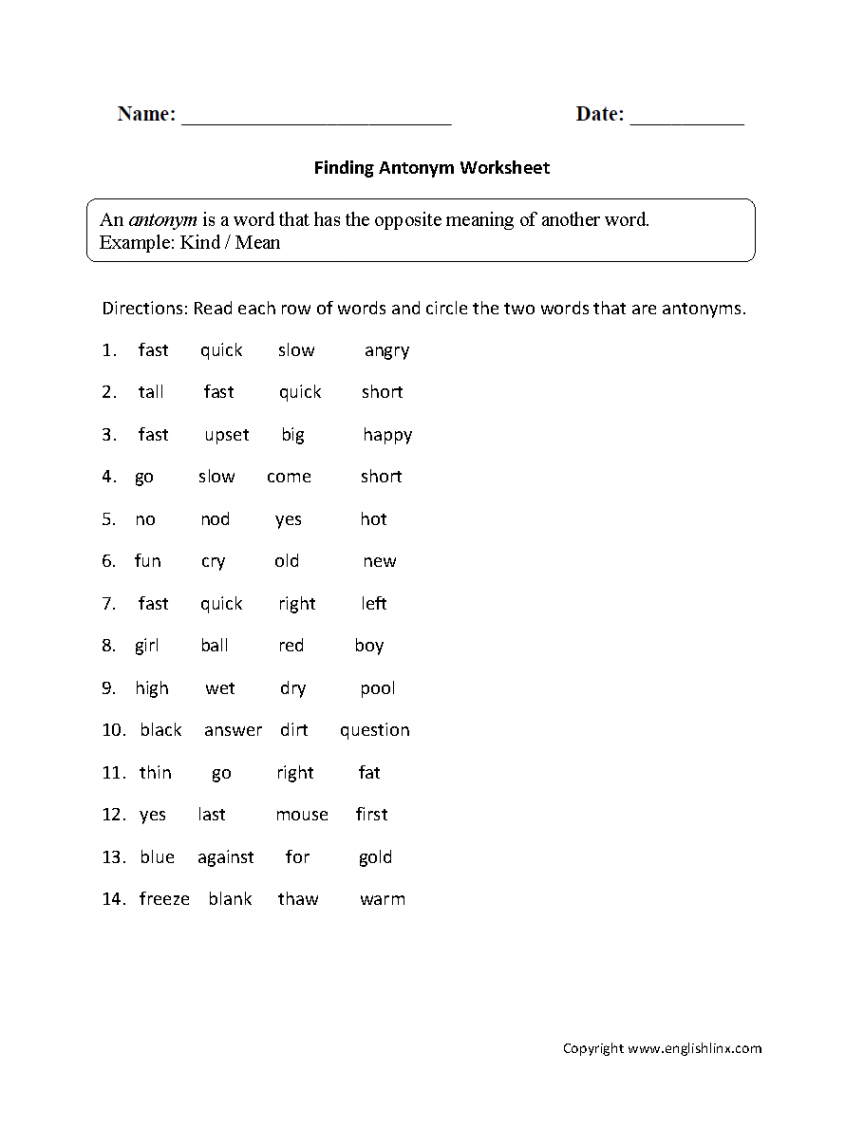 Finding Antonym Worksheet  Antonyms worksheet, Synonyms and