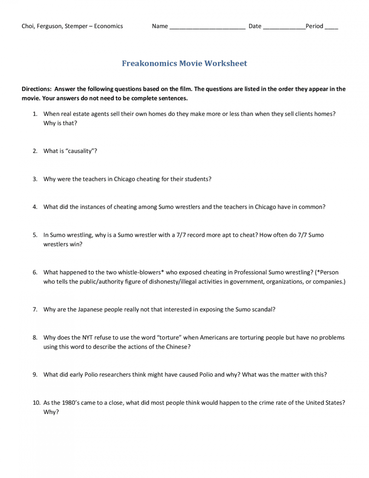 Freakonomics Movie Worksheet  Study notes Economics  Docsity