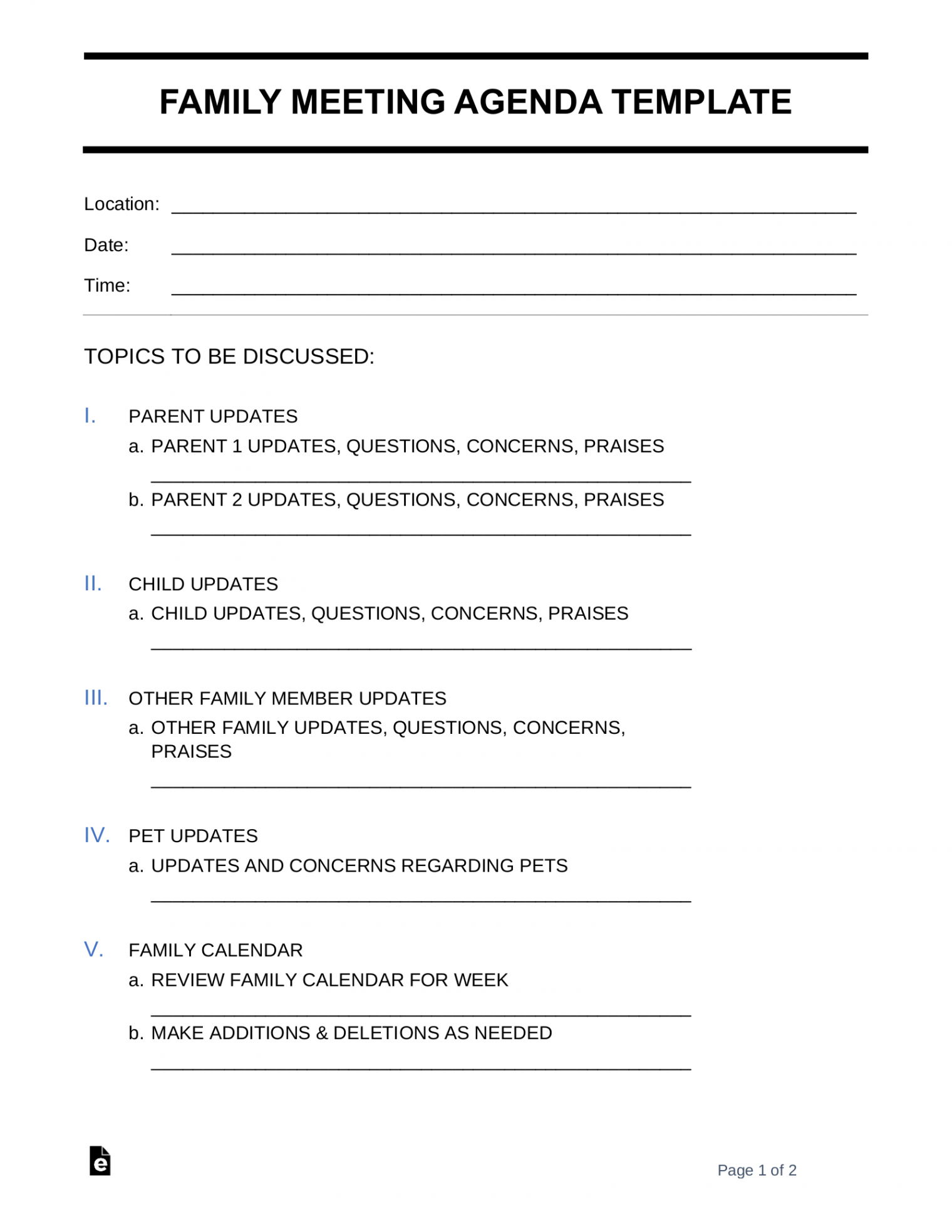 Free Family Meeting Agenda Template  Sample - PDF  Word – eForms